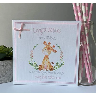 Image of Personalised Handmade Congratulations on New Baby Girl Card Giraffe