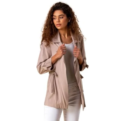 Image of Roman Originals Tie Waist Jacket for Women UK Ladies Summer Coat Spring Daywear Holiday Longline Long Sleeve Comfy Everyday Smart Jackets Stone Size 14
