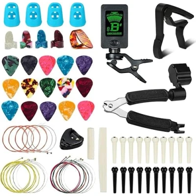 Image of 72 PCS Guitar Accessories Kit, FOVERN1 Tools Set Including Picks, Capo, Tuner, Strings, 3 in 1String Winder,Bridge Pins, 6 String Bone Bridge Saddle and Nut, Finger Picks
