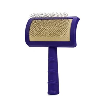 Image of Jelly Pet Soft Universal Slicker Brush, Made for Professionals, Remove Tangles &amp; Dead Undercoat, Curved head, Dense coats, in USA, Small, Purple