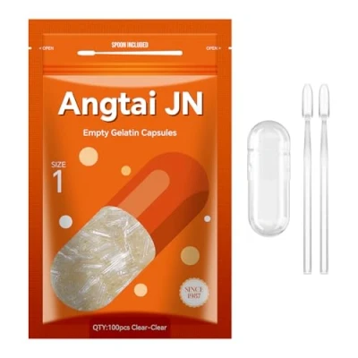 Image of Angtai JN Empty Capsules Size 1 Clear Gelatin (100 Count) with Two Miro Lab Spoons Gel DIY Pure Bovine Capsule Filling Kosher, Gluten Free Non GMO Certified