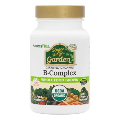 Image of NaturesPlus Source of Life Garden Vitamin B Complex Organic, Plant Extracted Vitamins Biotin, B6, Folate and B12 Mood, Energy Immune Support Vegan, Gluten Free 60 Capsules