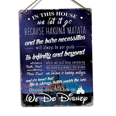 Image of Toasted Merch In this house we do Disney V2 Metal Wall Sign Plaque Art Family Hanging Print (Medium Twine, Castle Photo)