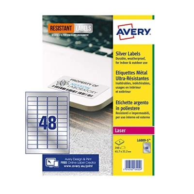 Image of Avery L6009 5 Resistant Labels, Silver (A4 Sheet of 46 x 21 mm, 240 Labels)