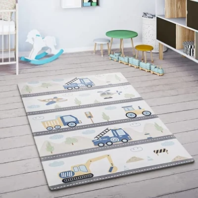 Image of Paco Home Kids Rug Nursery Cars Road Mountain Pattern Cloud Cream Blue Grey, Size:155x230 cm