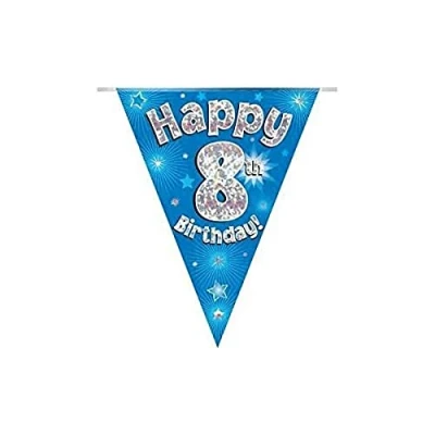Image of OAKTREE UK 631144 Party Bunting Happy 8th Birthday Blue Holographic 11 Flags 3.9m