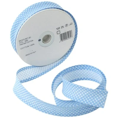 Image of Inastri 25/ 5/ 5 mm Cotton Bias Binding in Sky Blue Polka White 262