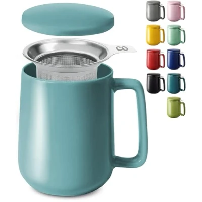Image of Cosumy Tea Cup with Infuser and Lid 500ml Large Ceramic Mug Long Warmth Scratch Resistant Dishwasher Safe (Aqua Blue)