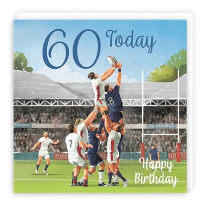 Image of Hunts England Rugby Fun 60th Birthday Card Milo&#039;s Gallery Age 60 Sport For Year Old Fan Sixty