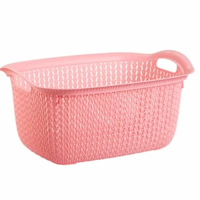 Image of Plastic Laundry Basket Clothes Washing Bin Storage Knitted Hamper Organiser (Pink, Rectangular)
