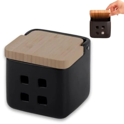 Image of KOOK TIME Garlic Keeper Ceramic with wooden bamboo swivel lid Storage Pot ventilation holes for Optimal Preservation 11.5 x cm Matt Black