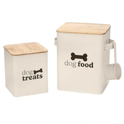 Image of DANIEL JAMES Housewares 2 Pack Dog Food and Treats Storage Box Canister Tin with Serving Scoop, Metal Tin, Pet Box, Treat Bin, Scoop Included, Cream