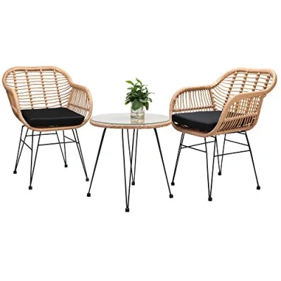 Image of CASARIA® BALI 3 Piece Bistro Garden Dining Furniture Set 2 Armchairs With Cushions 1 Glass Top Table Indoor Outdoor Weatherproof Poly Rattan Wicker Conservatory Patio Balcony