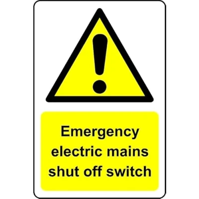 Image of Emergency Electric Mains Shut Off Switch Safety Sign 3mm Aluminium (200mm x 150mm)
