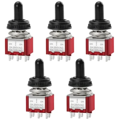 Image of Heschen Mini Momentary Toggle Switch, MTS 223, (ON) OFF (ON), DPDT, 6 Pin, 2A 250V, 6A 125V, with Waterproof Cover, Pack of 5