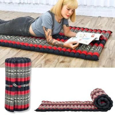 Image of Leewadee Foldable Floor Mattress Japanese Roll Up Futon Trifold Tatami Mat Guest Bed Camping Thai Massage Mat, Kapok Filled, 190 x 70 cm, Black Red