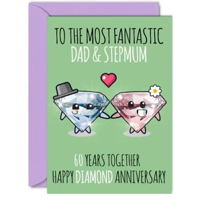 Image of Cute Diamond Anniversary Card for Dad &amp; Step Mum 60 Years Together Happy 60th Wedding Cards Dad, A5 Greeting Sixtieth Anniversaries