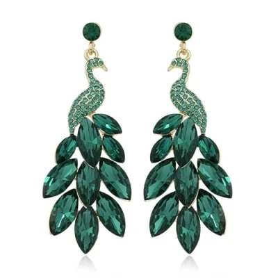 Image of fdsmall Women’s Tassel Earrings Peacock Dangle Austrian Crystal Boho Waterfall Beaded Fringe Drop Earring (Green)