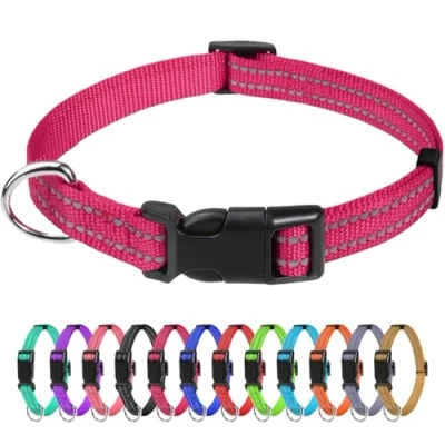 Image of TagMe Reflective Nylon Dog Collars, Adjustable Classic Collar with Quick Release Buckle for Puppy, Pink, 1.0 cm Width