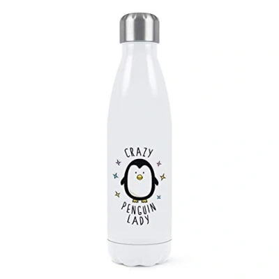 Image of Crazy Penguin Lady Double Wall Water Bottle Insulated Stainless Steel Sports Drinks 500ml White