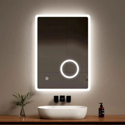 Image of EMKE Backlit Illuminated Bluetooth Bathroom Mirror with Shaver Socket 500x700 mm, Wall Mounted Multifunction LED Vanity Lights, Demister Pad and 3x Magnifier [Vertical]