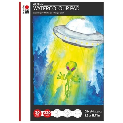 Image of Marabu Aqua Graphix Pad DIN A4 20 Sheets 220 g/m² Natural White Fine Grain Matte Acid and Ageing Resistant for All Watercolour Techniques