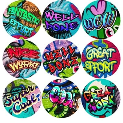 Image of 144 Graffiti Praise Words 30mm Glossy Reward Stickers