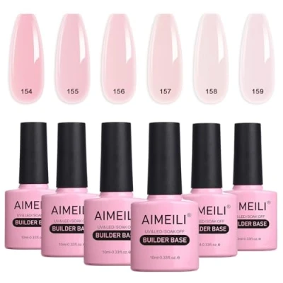 Image of AIMEILI Hema Free 8 in 1 Builder Base Sheer Color Gel Set, Nude Pink No Need Slip Solution Extension, Soak Off UV LED Polish Multicolour Of 6pcs X 10ml Gift Kit 37