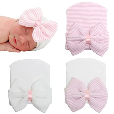 Image of DRESHOW 4 Pcs Newborn Hospital Hat Infant Baby Cap with Big Bow Soft Cute Knot Nursery Beanie