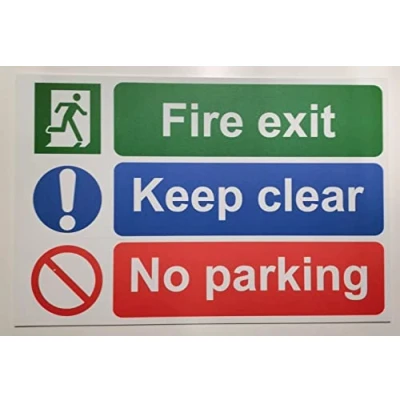Image of Fire exit keep clear no parking safety sign Self adhesive sticker (300mm x 200mm)