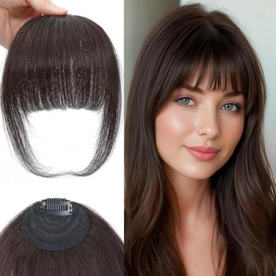 Image of Clip in Fringe Real Human Hair French Bangs Fake on for Women With Temple (Dark Brown#, Bangs)