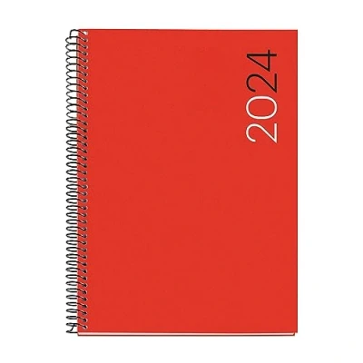 Image of Miquelrius Annual Planner 2024, Week Vertical View, Plus Size 155 x 213 mm (similar A5), Polypropylene Flexible Cover, Spiral Binding, Spanish, English and Portuguese, Red