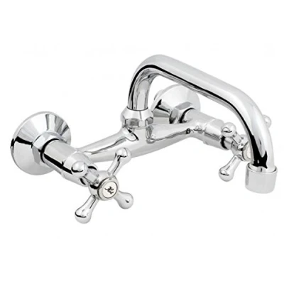 Image of Chromed Brass Wall Mounted Mixer Faucet 20cm C type Spout Tap with Retro Heads