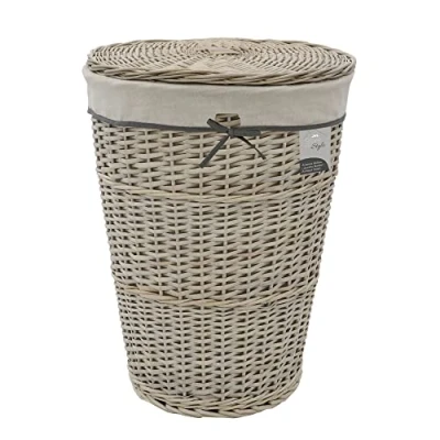 Image of JVL Arianna Round Tapered Willow Linen Laundry Basket, Grey Wash