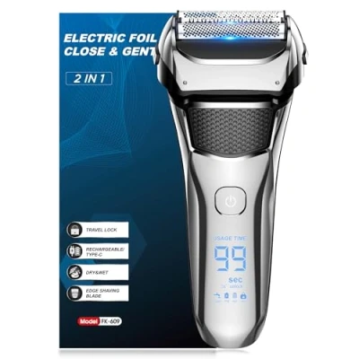 Image of Shavers for Men,Foil Shaver with Floating Blade,100% Waterproof Electric Razor Men,Precision Beard Trimmer, Rechargeable 100 Min Cordless,Smart LED,Travel Lock