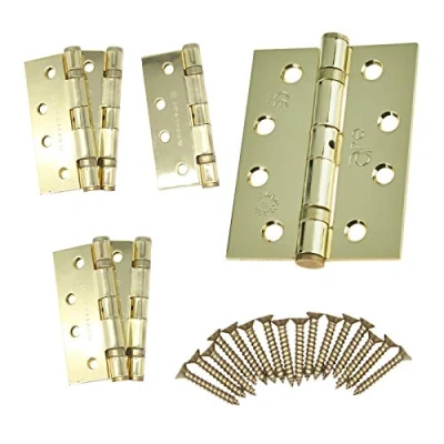Image of Door Hinges 4&quot; 102mm Ball Bearing, 3 Pairs (6 + Screws) Polished Brass