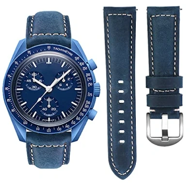 Image of Stanchev Watch Strap for Omega X Swatch MoonSwatch/Rolex Watch/SEIKO 20mm,No Gap leather Moonswatch Speedmaster Replacement (Blue)