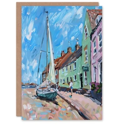 Image of Artery8 Greeting Card Aldeburgh Harbour Acrylic Painting Sailboat Blank For Him Or Her Art Birthday