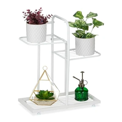 Image of Relaxdays Plant Stand, 3 Levels, for Flower &amp; Herb Pots, HxWxD: 50.5 x 44 22 cm, Steel, Indoor Decorative Rack, White