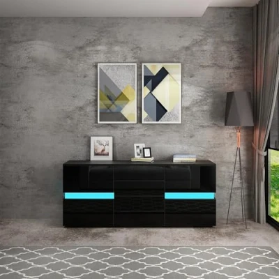 Image of Sideboard Cabinet, LED Cabinet with 4 Drawers and 2 Doors, High Gloss Front Sideboards Storage for Living Room, Display Cupboard, TV Unit, Home Furniture 177 * 35 72CM Black