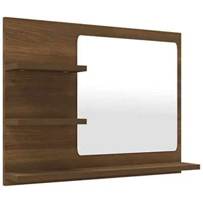 Image of vidaXL Brown Oak Wall Mounted Vanity Mirror Engineered Wood Makeup Bathroom with Storage Shelves 60x10.5x45cm