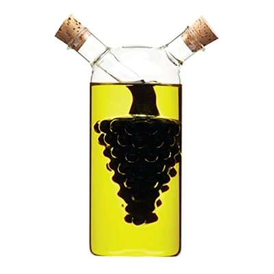 Image of KitchenCraft World of Flavours Oil and Vinegar Dispenser Glass, 2 in 1 Bottle, Cruet Bottle with Cork Stoppers, Grapes Design, 50 + 300 ml