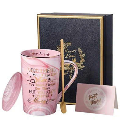 Image of Friend Friendship Gifts Coffee Mug Good Fiends are Like Stars, 14 Oz Pink Ceramic Marble Tea Cup, Ideal for Women, Girls, Friends Birthday