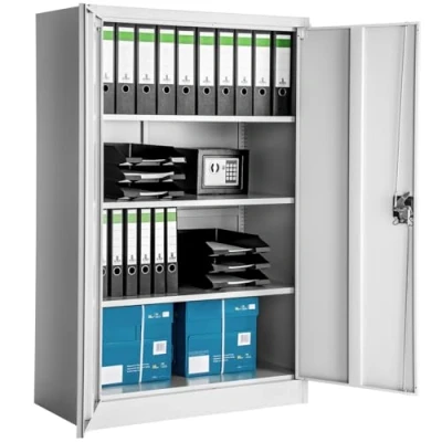 Image of TecTake® Metal Storage Unit, Lockable with 3 adjustable Shelves and 2 Doors, Filing Cabinet for Home Office Storage, Garage Cabinet, Kitchen 140x90x40 cm grey