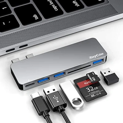 Image of RayCue USB C Adapter for MacBook Pro/MacBook Air M1 M2 M3 2023 2022 2021 13&quot; 15&quot; 16&quot;,6 in 1 Hub Pro Accessories with 3 3.0 Ports, to SD/TF Card Reader and Thunderbolt PD Port