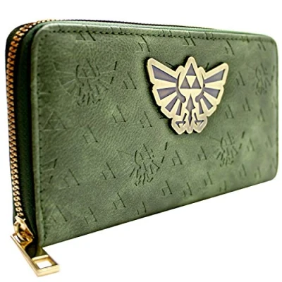 Image of Legend of Zelda Embossed Metal Tri Force Emblem Purse Clutch Coin Pocket &amp; Card Holder, Green