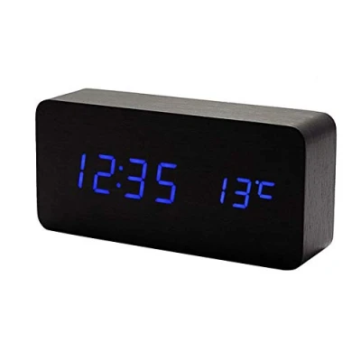 Image of Lancoon Wooden Digital Clock Multi function LED Alarm with Time/Date/Temperature Display and Voice Control for Home Office Travel AC11Black_Blue