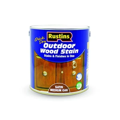 Image of Rustins Quick Dry Outdoor Wood Stain Satin Medium Oak 2.5ltr Durable and Weather Resistant Finish, Fast Drying, Vibrant Color for Decks, Fences, &amp; Furniture, Available in Many Shades