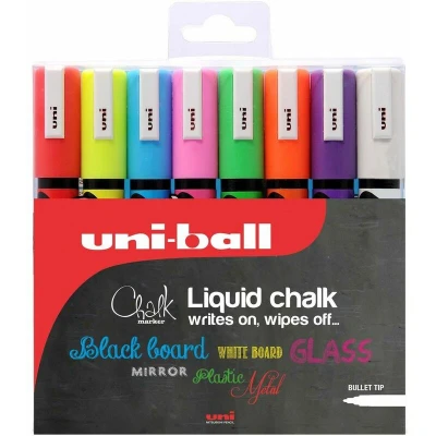 Image of uni ball PWE 5M Liquid Chalk Pens. Multi Purpose Wipeable Coloured Markers for Blackboards, Chalkboards, Whiteboards, Glass, Mirrors, Plastic, Windows, Metal. Safe Kids. Bullet Tip. 8 Pack