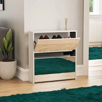 Image of Vida Designs Welham 2 Drawer Mirrored Shoe Cabinet, Hallway Cupboard Storage Organiser, Footwear Stand Rack, Wood Sideboard Unit, White